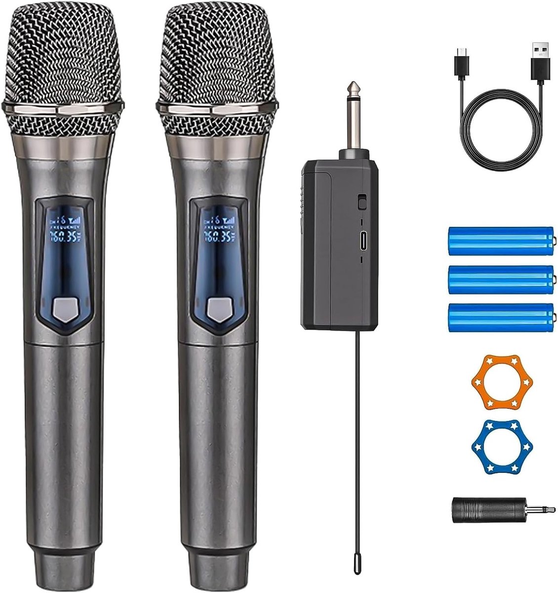 Draadloze Microfoonset met Dubbele Dynamische Microfoons voor Karaoke, Bruiloften en Feesten | 50m Bereik en 40 Uur Speeltijd | Inclusief 3.5mm Adapter en Antislip Ringen