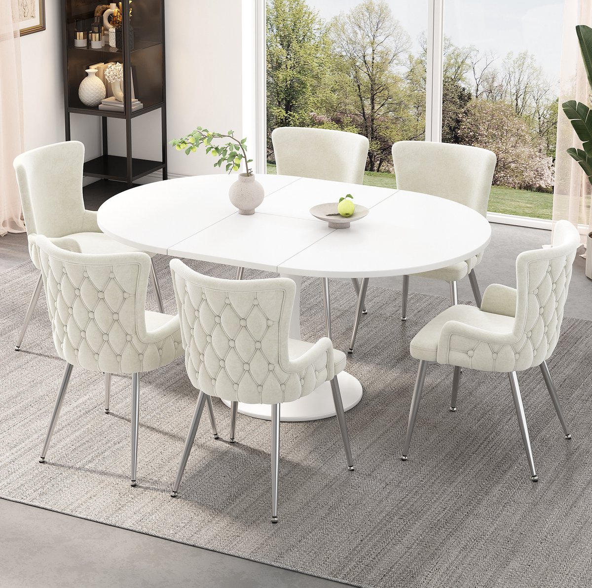 FloraGrace Eetkamerstoel 55 Bij 55 Bij 85 cm - Set Van 6 Met Armleuningen - Voor Eetkamer Of Woonkamer - Velvet En Metaal - Beige Zilver