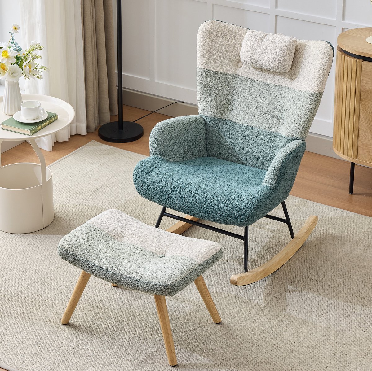 MEUNIQ Schommelstoel met hocker, bouclé fauteuil met hoge rugleuning, armleuningen en zijvak, 100 kg draagvermogen voor woonkamer of slaapkamer, multicolor