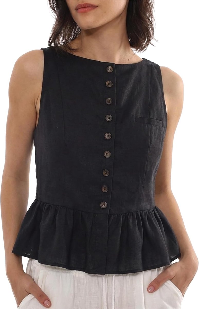 Linnen tanktop voor dames, zomerbovenstuk, mouwloos, tanktop, blouse, ronde hals, shirt, top met bandjes, elegant, Moda, lang vest tops