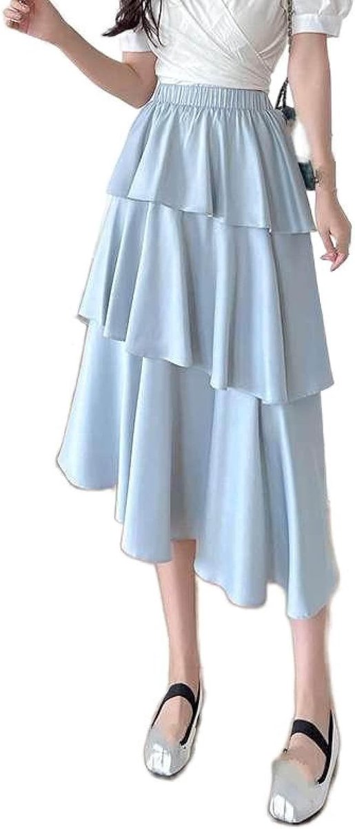 Hoge Taille Azijn Vezel Satijn Taart Rok - Zomer Veelzijdig Effen Kleur Elastische Taille Halflange Rok Kleine Onregelmatige Ruffle Rok A-Lijn Lange Rok,Blue,Xs