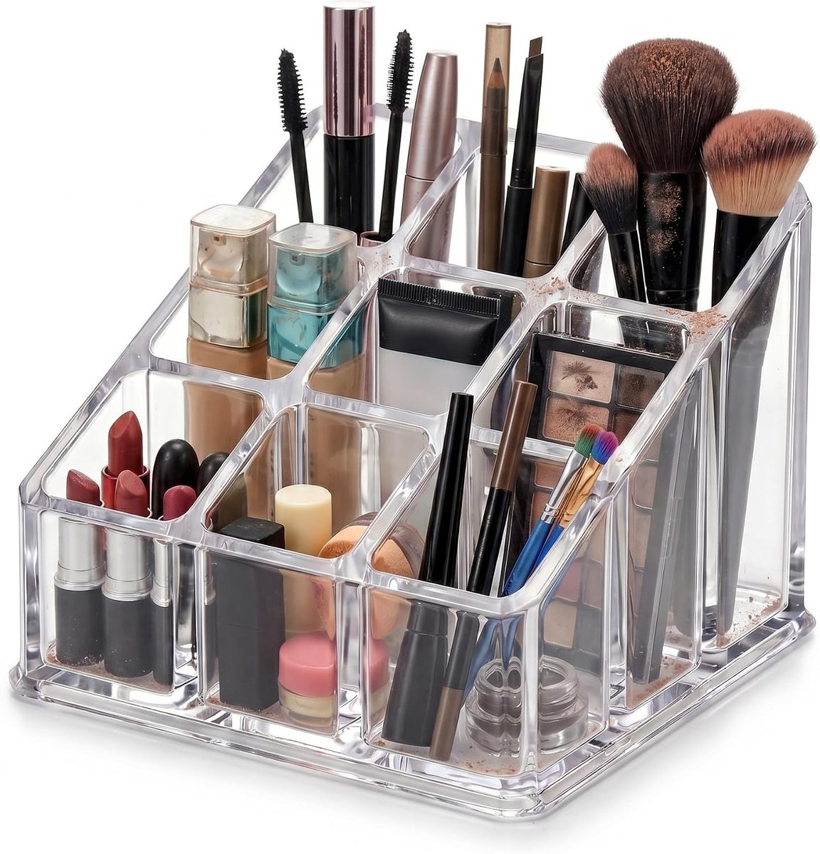 Make-up organizer van acryl, transparant, voor kwasten, lippen en cosmetica, verticaal, rechthoekig, hoog met 9 vakken, opslag voor make-uptafel, badkamer, tafel en bureau