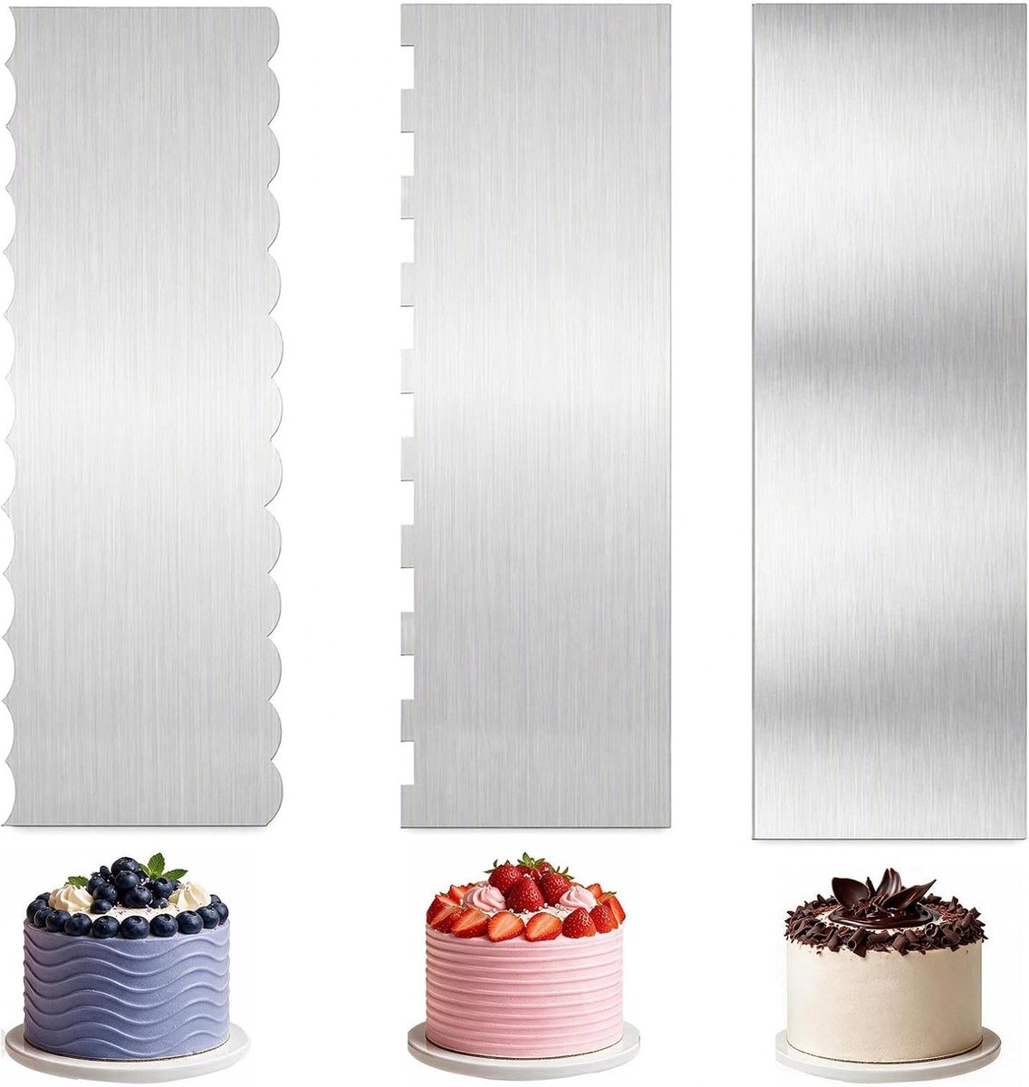 3 stuks roestvrijstalen taartspatel en deegkaart, 22 x 7,8 cm, taartschraper, roestvrij staal, taartaccessoires voor het gladmaken van botercrème, ideaal voor bakken en taartdecoratie