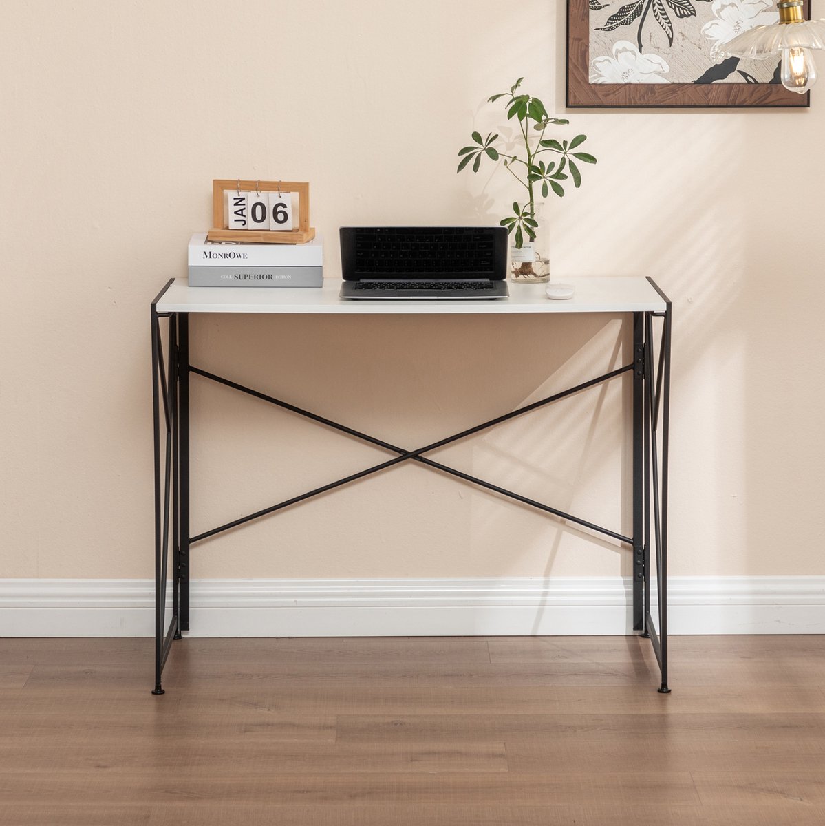 MEUNIQ Inklapbaar bureau 99 x 50 x 75 cm met wit MDF-blad en metalen onderstel, compacte computertafel voor thuiskantoor, woonkamer of slaapkamer