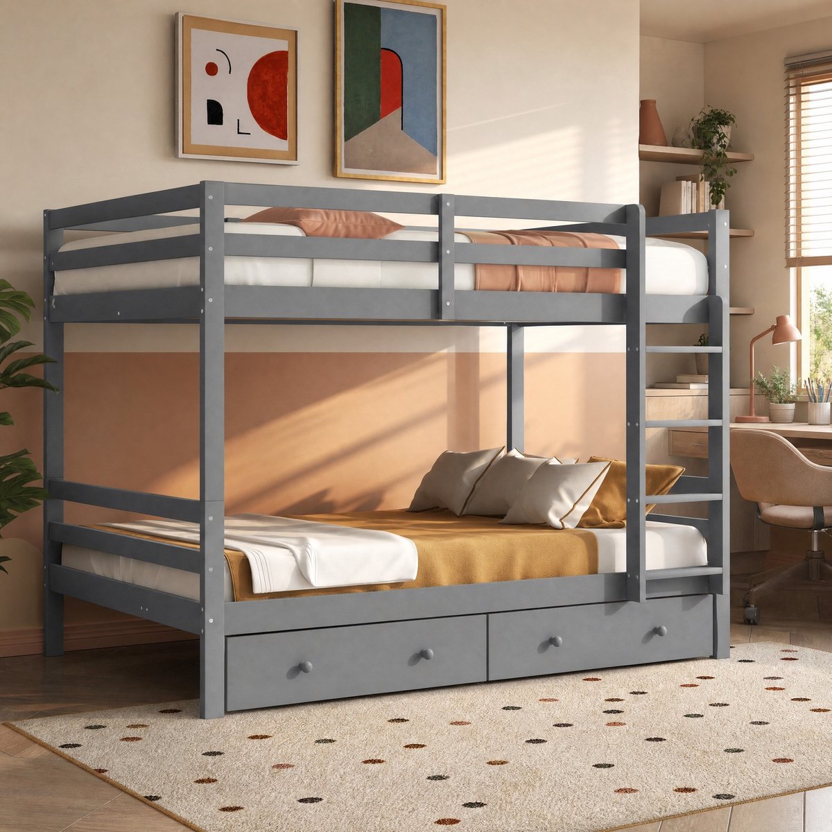 MEUNIQ stapelbed 140x200 cm met ladder, hoge uitvalbeveiliging, bedlade en opbergruimte voor de kinderkamer, grijs