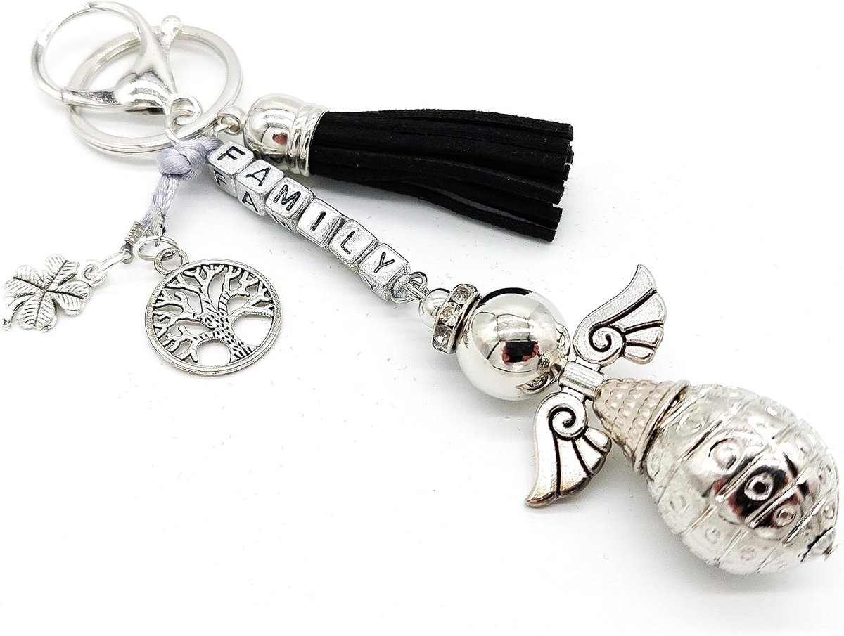 Hanger voor rugzak, tas, auto, sleutel met levensboom, klaverblad en gravure familie | Geluk liefde kracht familie, zilver, 15 cm lang