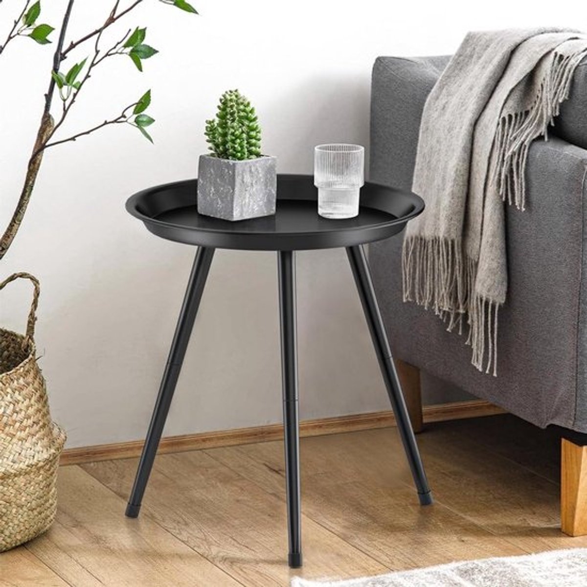 Bijzettafel Rond Metaal - Kleine Salontafel - Decoratief Gebruik - Met Opbergrek - 50 cm Diameter - Zwart