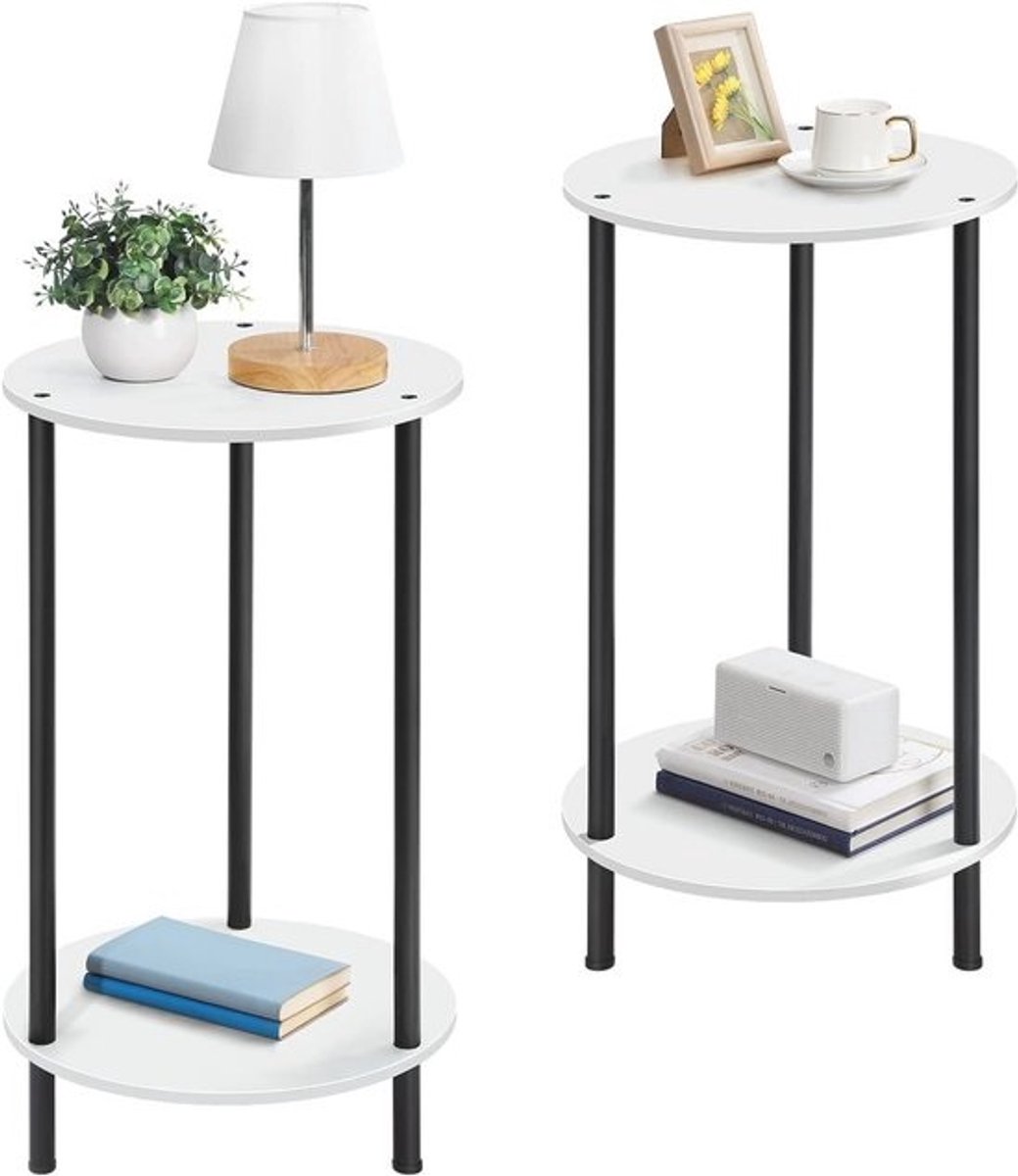 Ronde Salontafel Set van 2 met 2 Planken - Moderne Bijzettafel voor Woonkamer en Slaapkamer