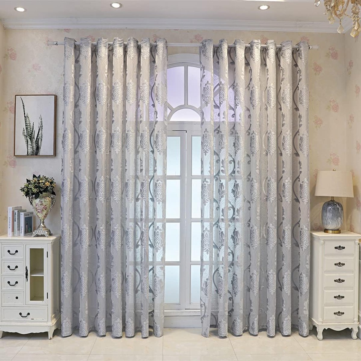 DAS DESIGN Vitragegordijn, halfdoorzichtig, vintage, retro, barok, decoratiegordijn, stof, gordijn met inslagringen, voile, raamgordijn, borduurwerk, jacquard gordijnen