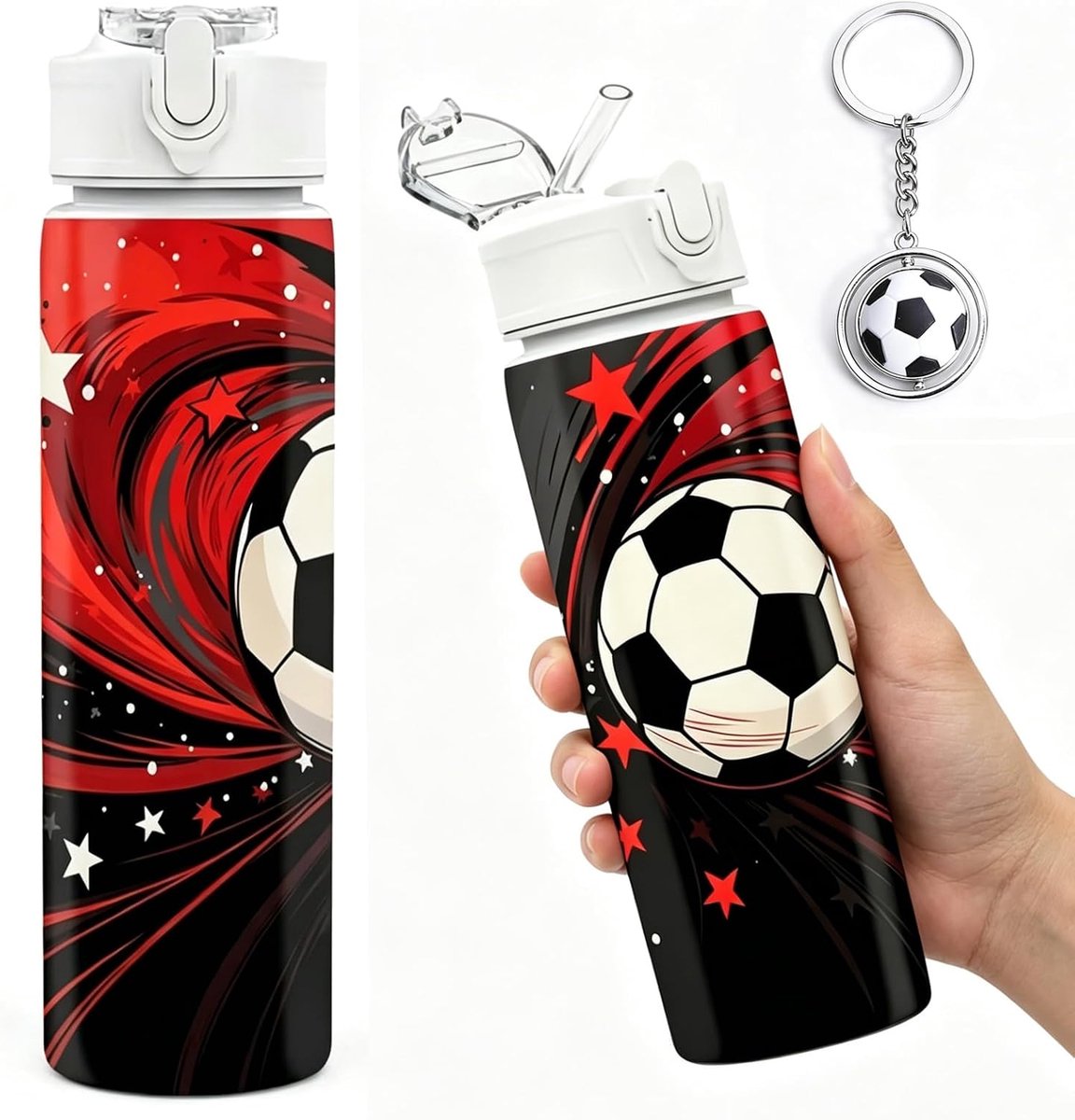 Drinkfles 750ml Set met Voetbal Sleutelhanger, BPA-vrije Sport Waterfles, Lekvrij, voor Fitness, Dagelijks Gebruik, Reizen, School en Sport