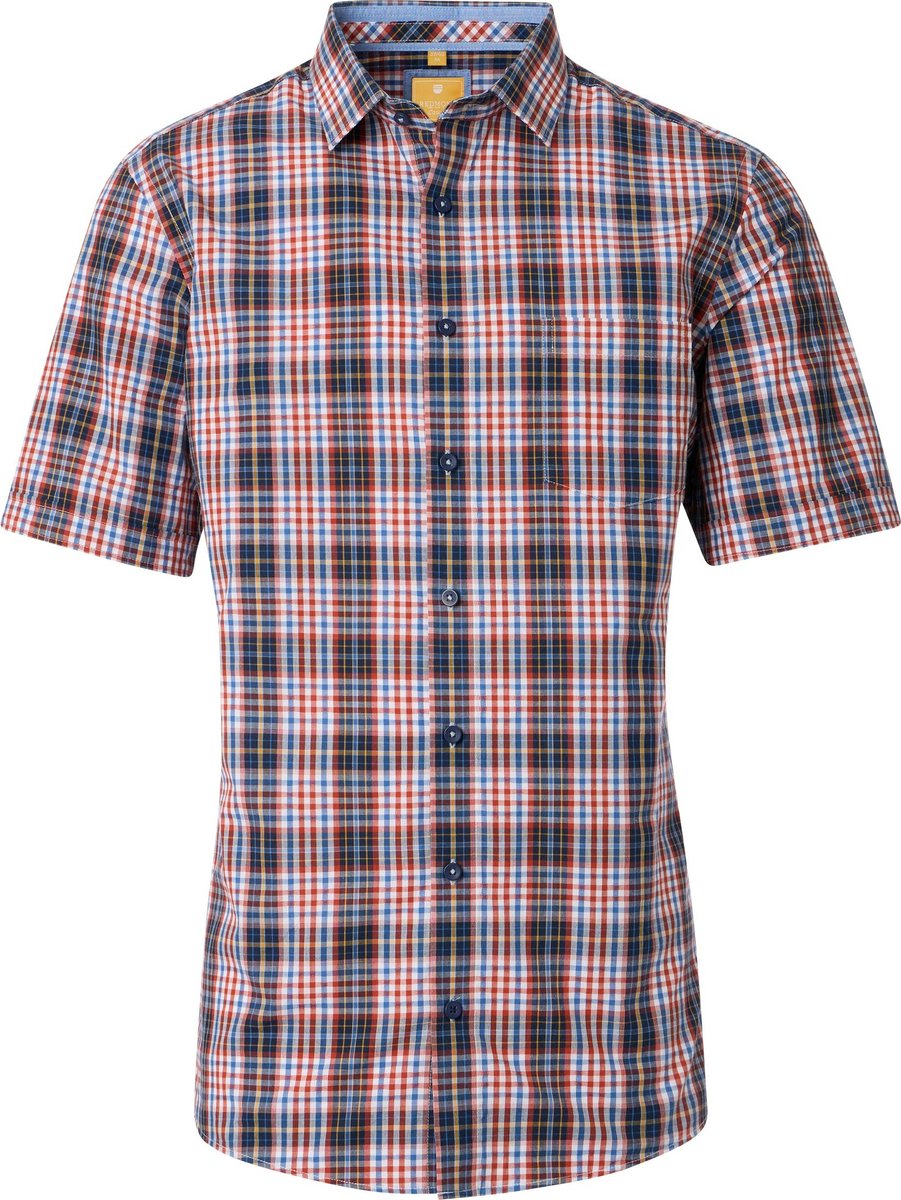 Redmond modern fit overhemd - korte mouw - dobby - rood - blauw - wit - geel geruit