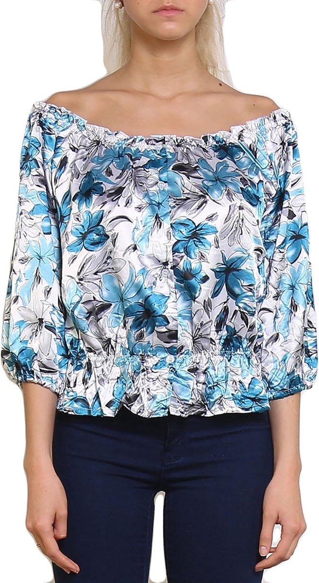 blouse satijn effect U-boot hals schoudervrij T-shirts top 3/4 mouw nieuw