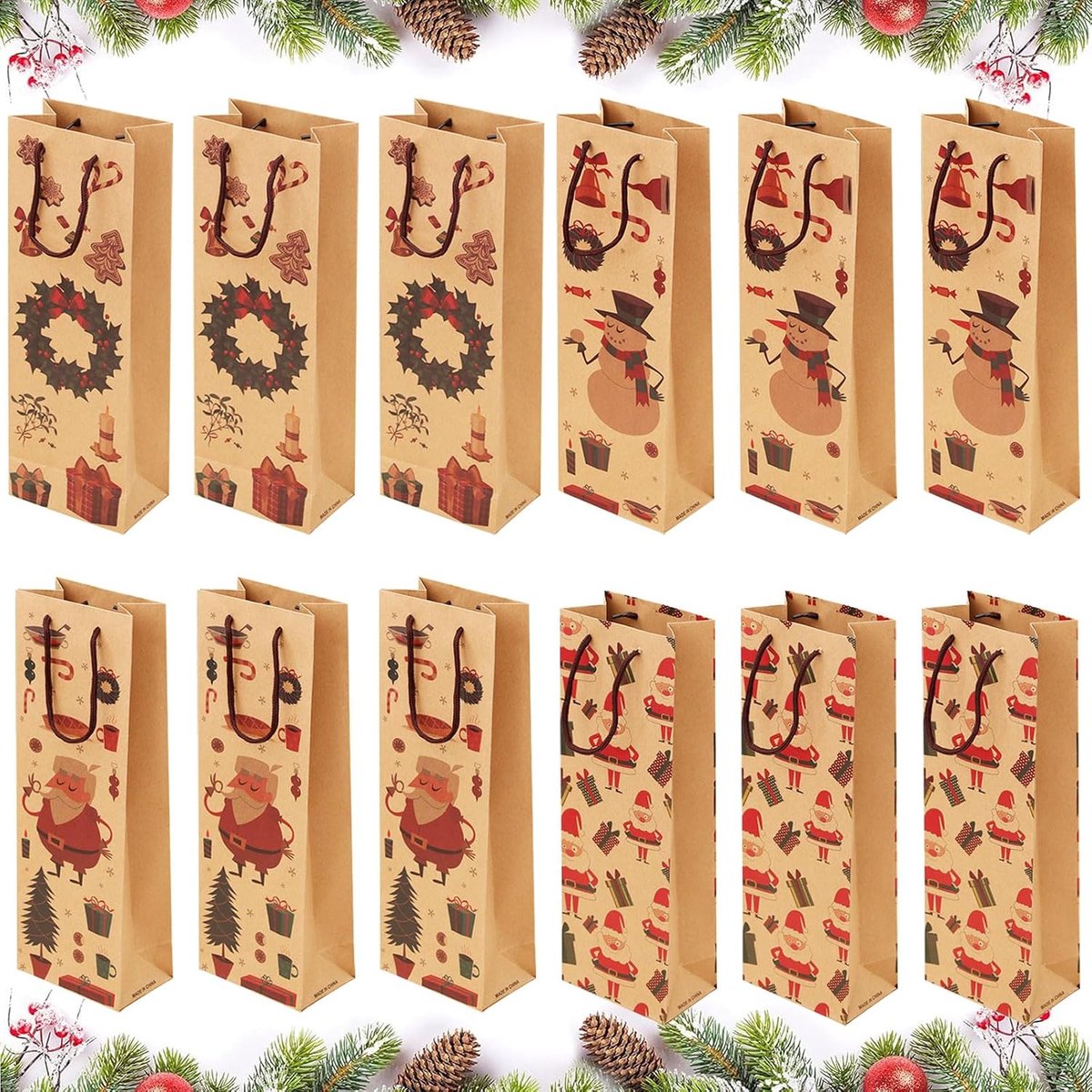Wijntas, 12 stuks flessenhoezen, wijngeschenkzakjes, wijndoos, 4 stijlen flessenzakjes, geschenkzakjes fles met handvat, wijnzakjes, flessenzakjes Kerstmis voor wijn, whisky, champagne