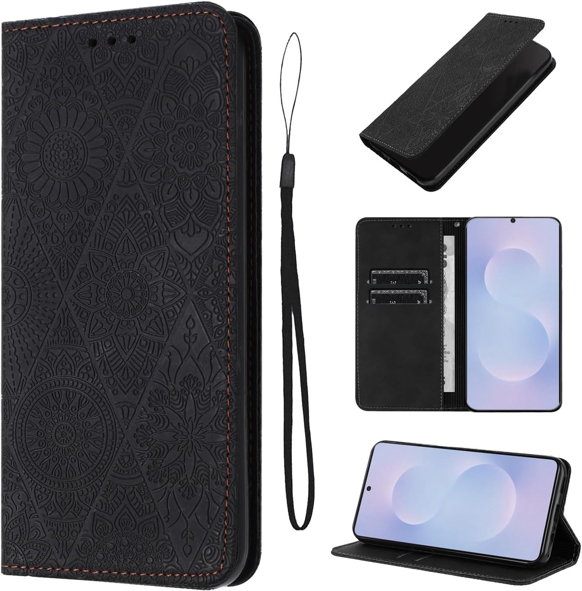 Telefoonhoes voor Samsung Galaxy S25 Edge (6,7 inch) PU premium lederen retro reliëfbloemmotieven beschermhoes met kaartenvakjes klaphoes met standfunctie voor Samsung Galaxy S25 Edge - Zwart