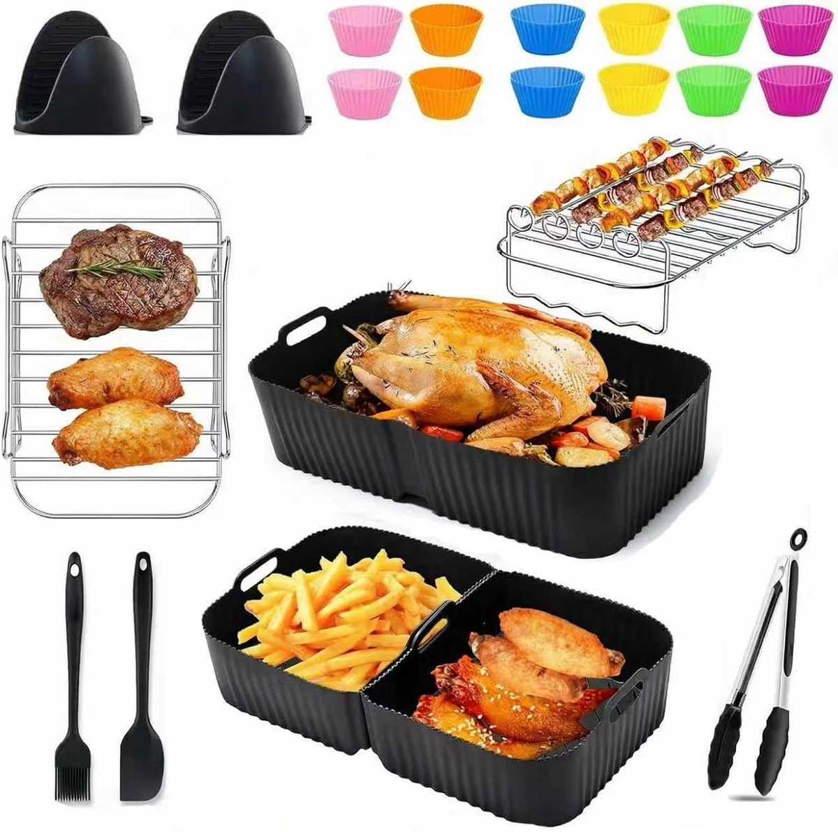 26 stuks herbruikbare siliconen bakvormset, heteluchtfriteuse-accessoires, voor Ninja Foodi FlexDrawer 10,4 L AF500EU AF500DE, compatibel met Cosori 10 l, airfryer-inzetstukken, ovenschaal, grillmat