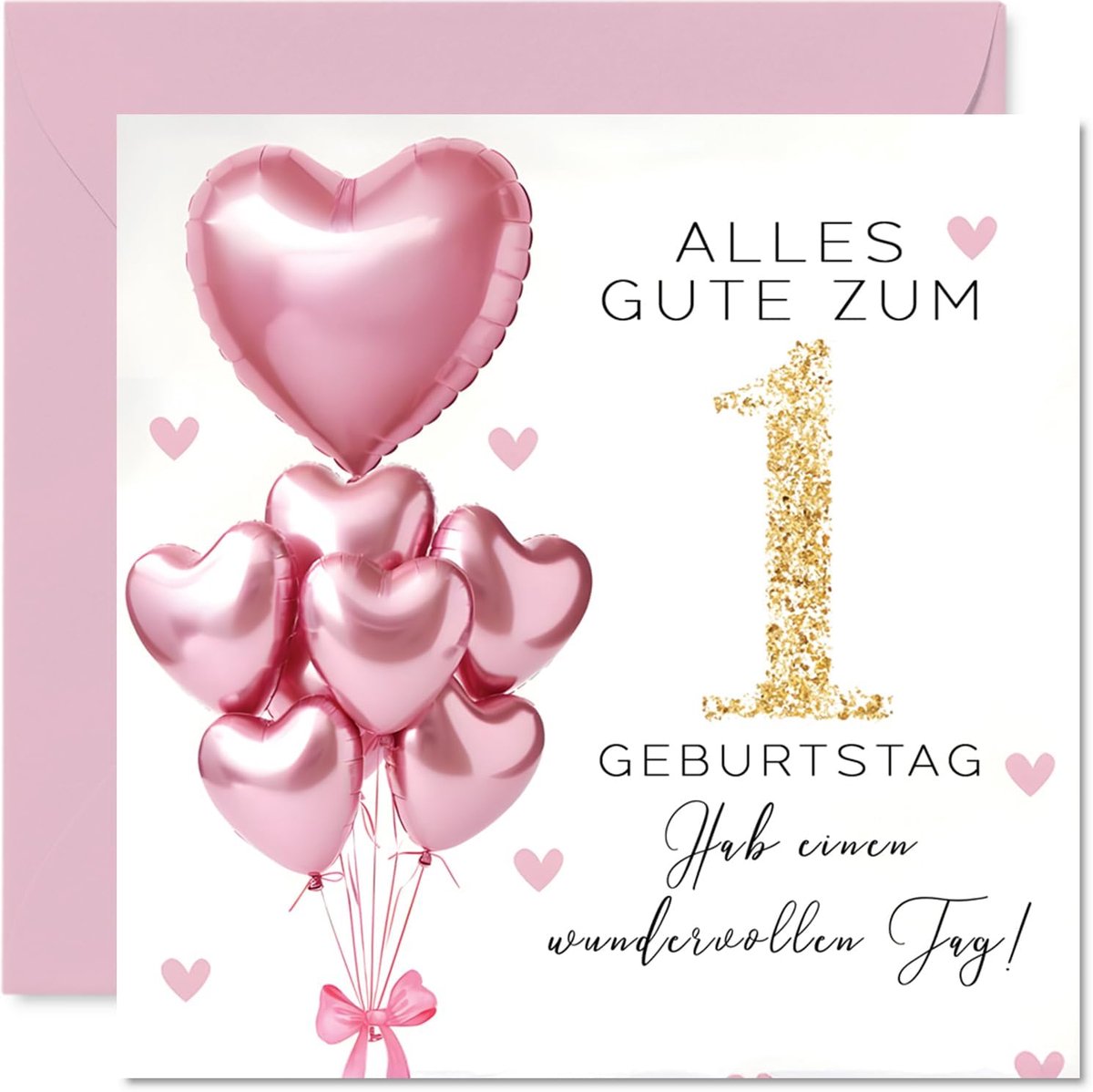 Verjaardagskaart 1e verjaardag - Vrolijke verjaardagssfeer - Roze hartballonnen en gouden letters