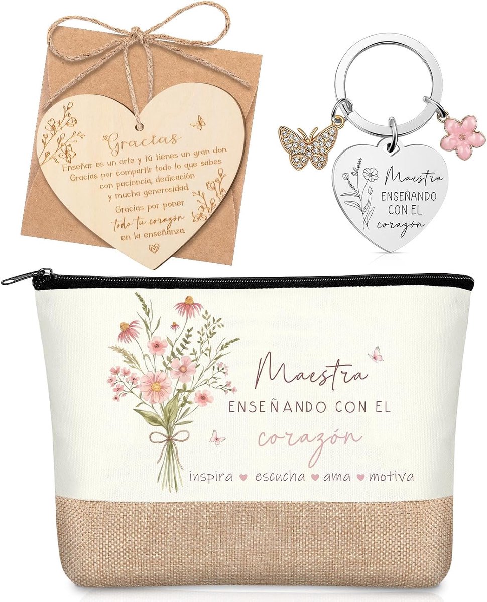 Cadeauset Voor Leerkrachten Toilettas Gegraveerde Sleutelhanger Met Kaart en Envelop Bedanktcadeau Voor Leerkrachten(Maestra enseñando con el corazón)