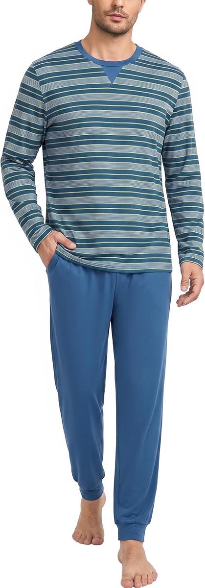 Pyjamaset voor heren, ronde hals, lange mouwen, grote