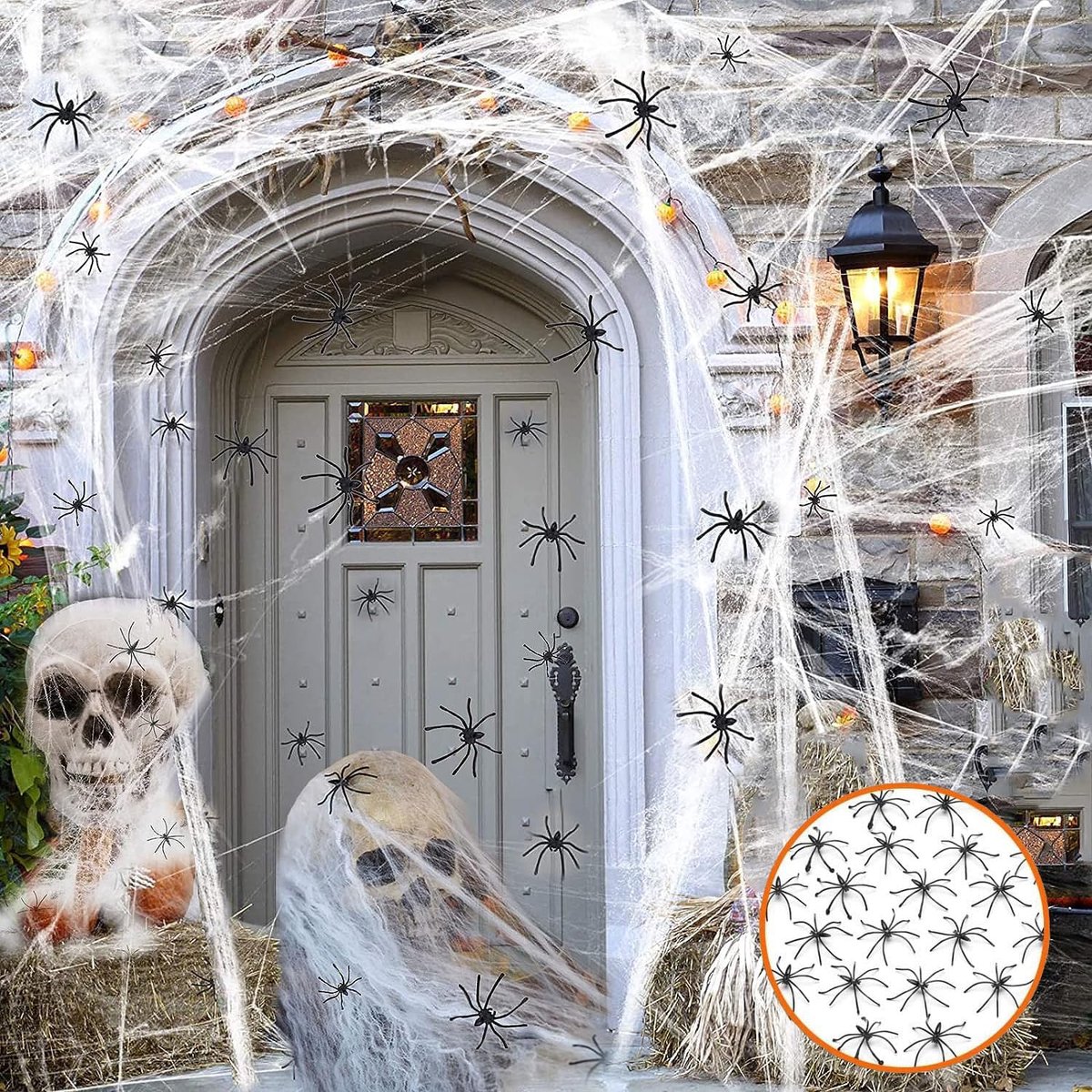 200 g spider web + 40 zwarte kunstmatige spinnen, Halloween-decoraties van rekbare spinnenweb, spinnenweb, Halloween-decoratie, voor de decoratie van het spookhuis