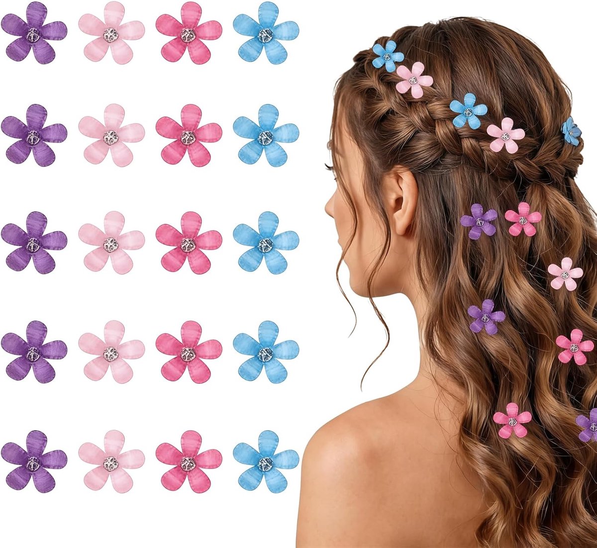 Haaraccessoires met bloemen, 20 stuks haarclips, haarspelden, mini bloemenhaarclips met stras voor bruiloft en communie, voor meisjes en dames, decoratieve haarclips multicolor