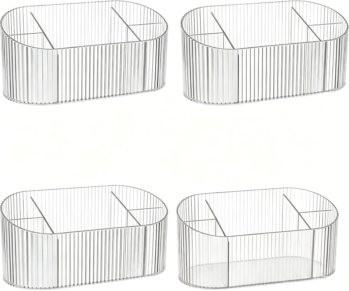 4 stuks acryl make-up-organizer, vintage make-upkwasthouder met strepenpatroon, grote capaciteit, beker voor cosmetica, pennen en bureauaccessoires, transparant