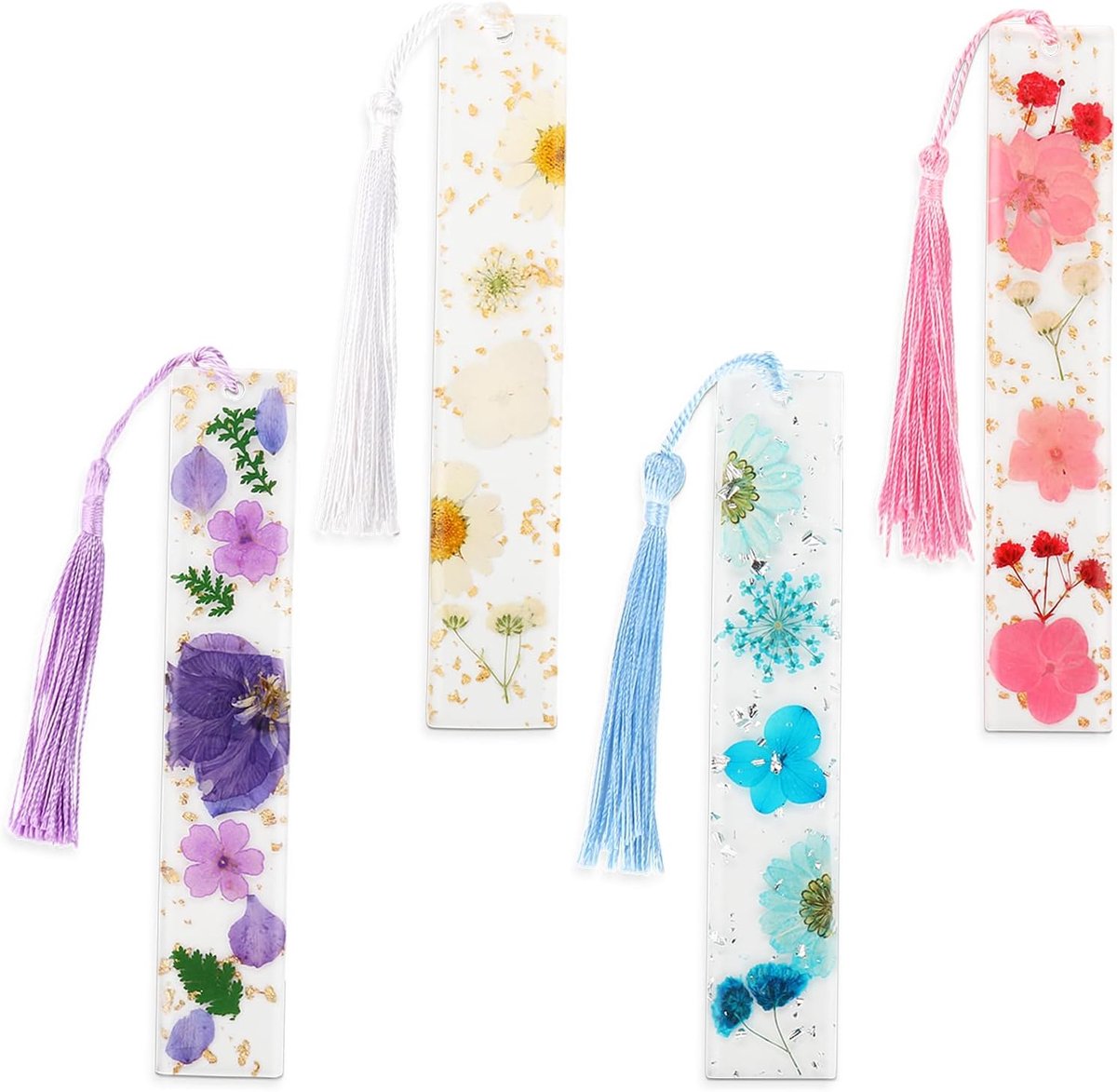 4 stuks transparante bladwijzers van hars met pompon in de vorm van een gedroogde bloem, cadeau voor leesliefhebbers, leraren, studenten
