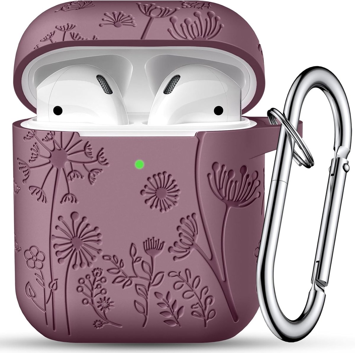 Hoesje met bloemengravure, compatibel met AirPods-hoes, schattige siliconen schokbestendige beschermhoes voor Airpods 2e en 1e generatie hoesje met karabijnhaak [LED zichtbaar] voor vrouwen