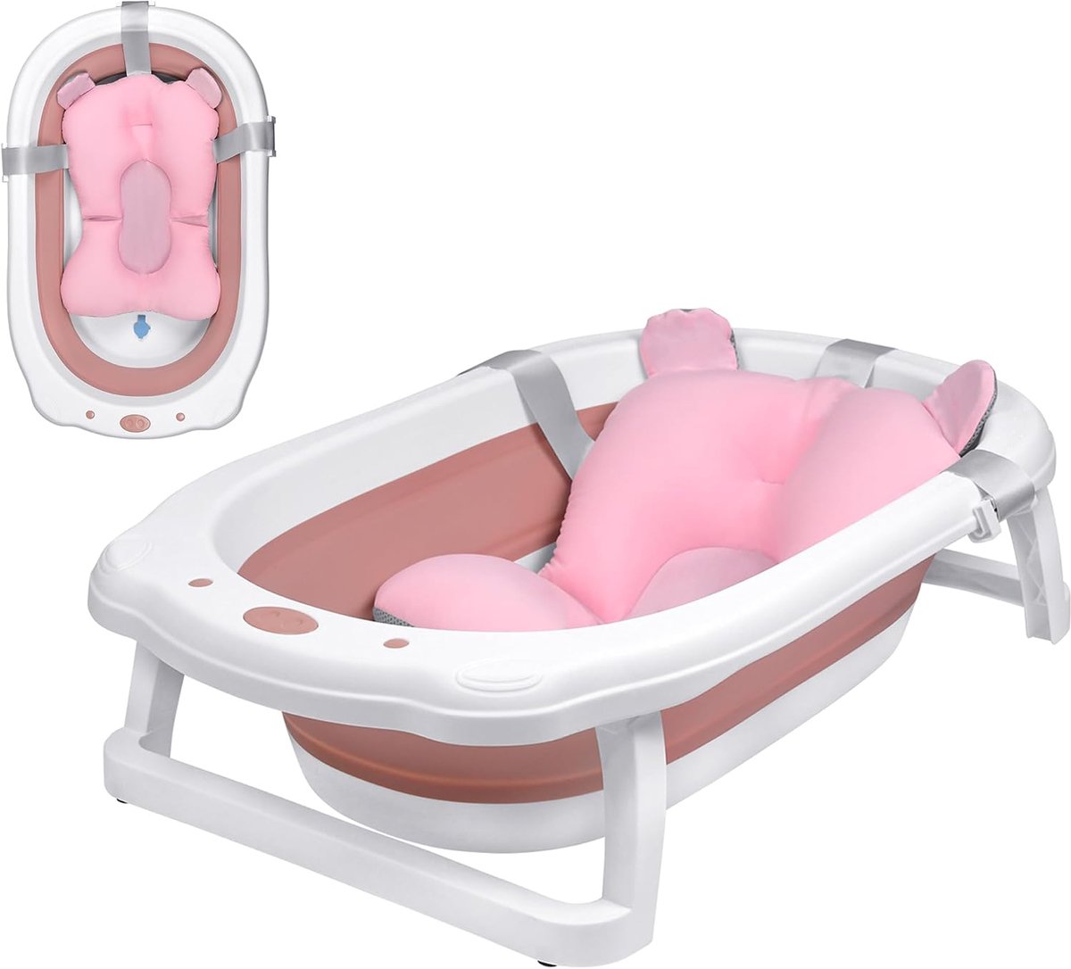 Babybadje, opvouwbaar, opvouwbaar reisbad met antislip design, ergonomisch hoofdkussen en thermometer, voor pasgeborenen tot 3 maanden (roze)