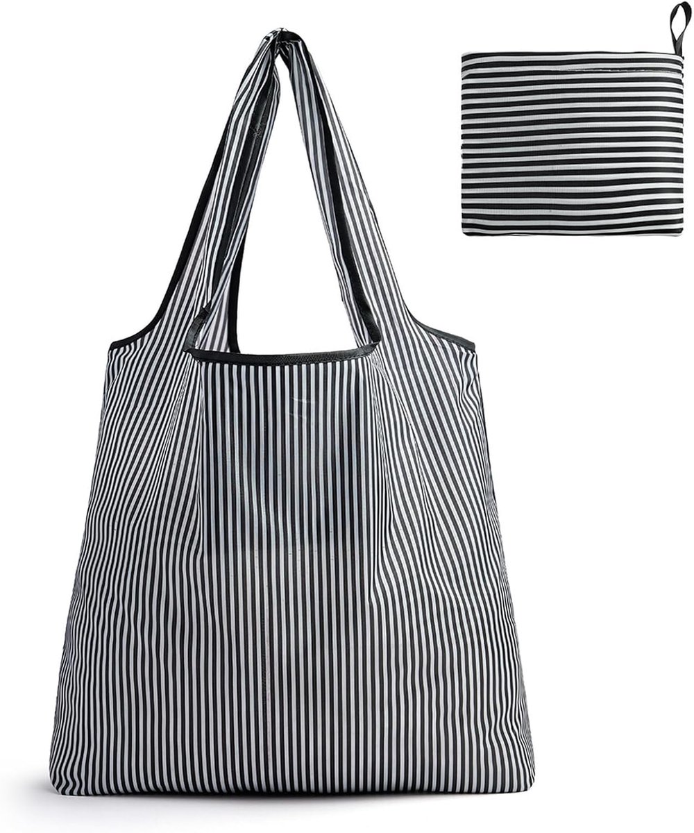 Opvouwbaar, herbruikbaar, groot, robuust, nylon, supermarkt, boodschappentas met gestreept design en opbergtas, capaciteit 15 kg, zwart en wit