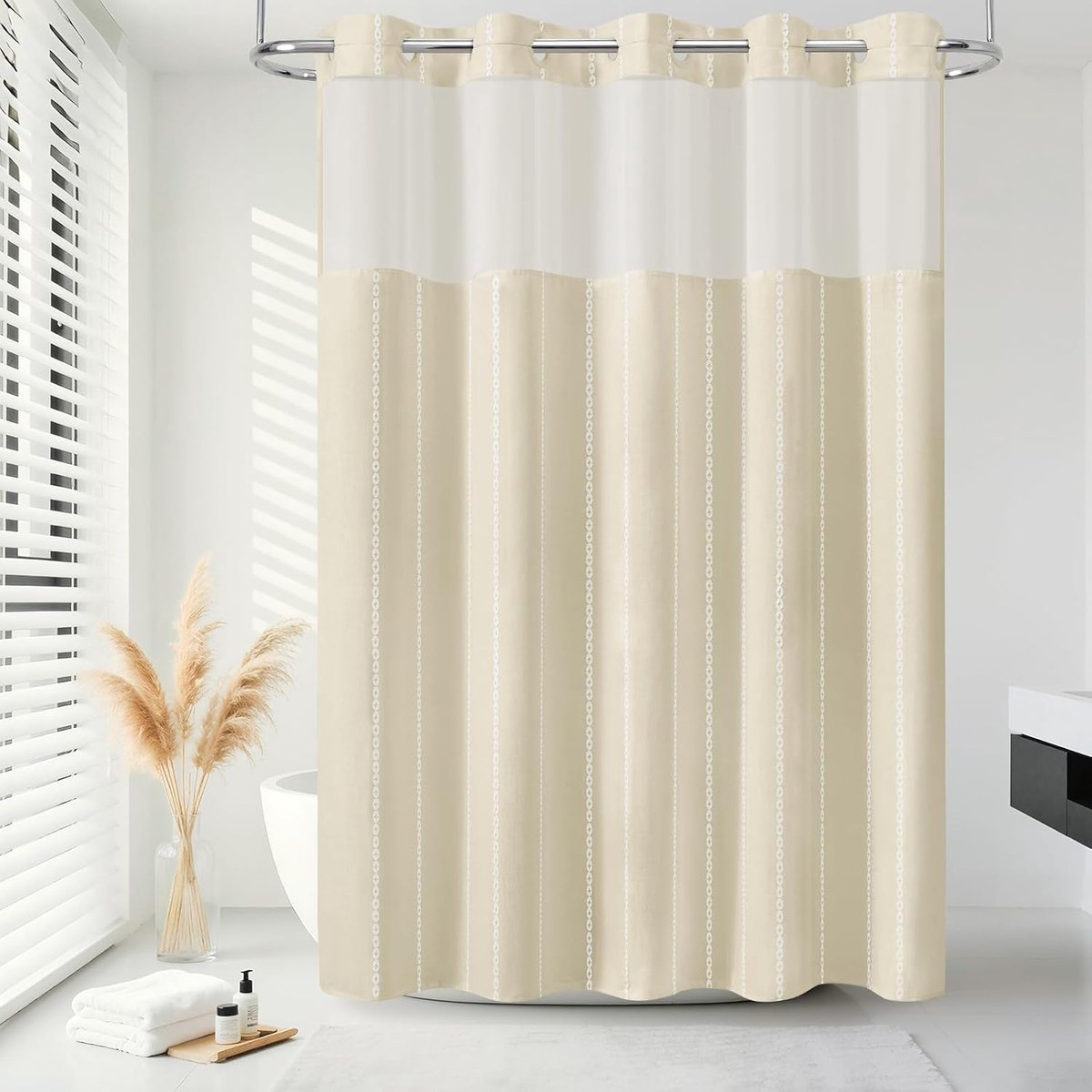 Douchegordijn zonder haak, polyester streep zwaar belastbare dikke douchegordijnen met gaas bovenvenster, Boheemse stijl waterdichte badkamer gordijnset 190,5 cm L x 182,9 cm B