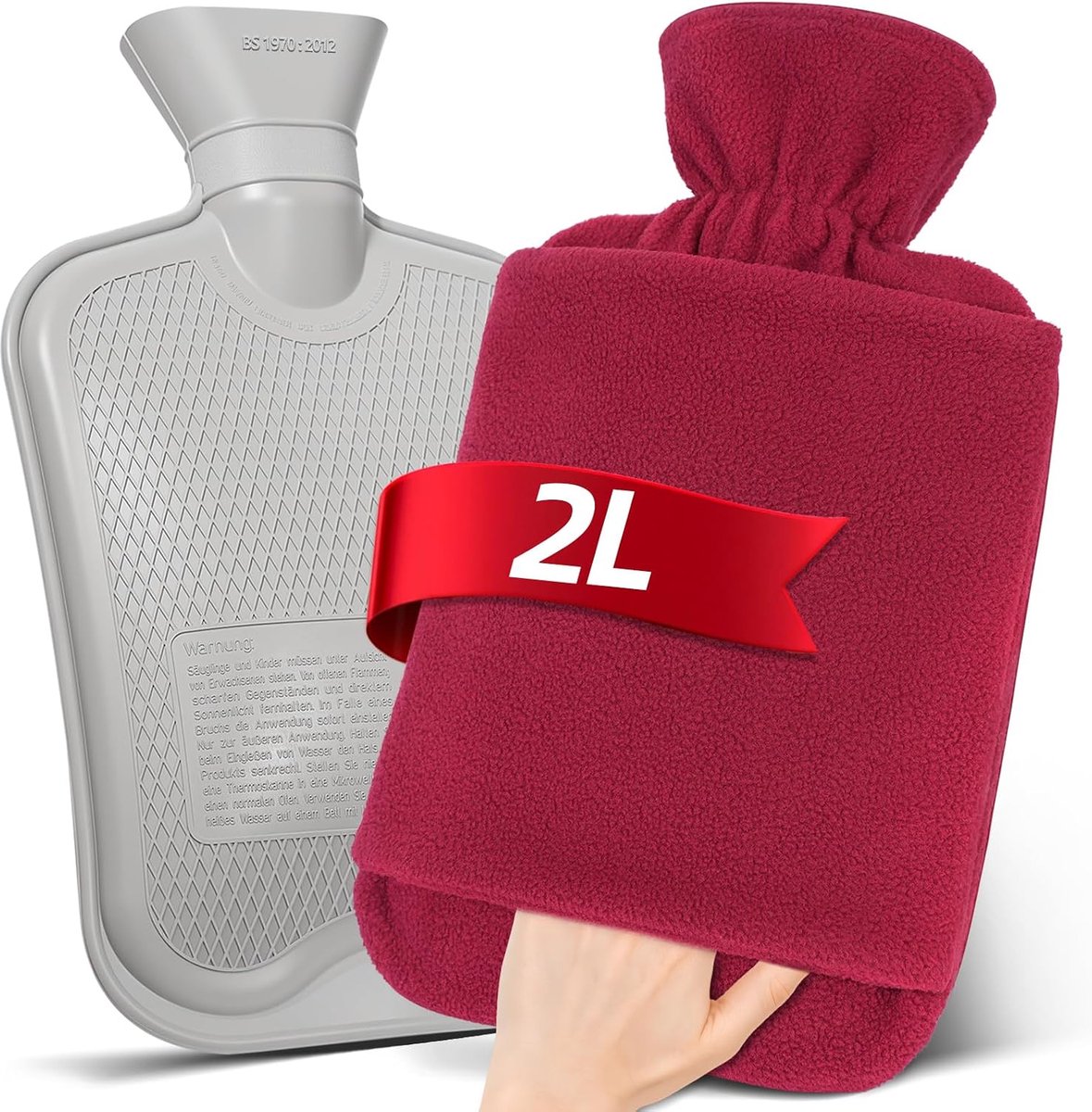 Warmwaterkruik met Fleece-hoes, 2L, lekvrij, handwarmzak, Rood