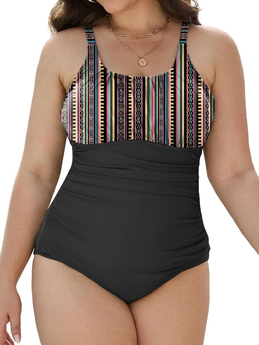 Badpak voor dames, grote maten, figuurvormend met U-hals, push-up-badpak, gevoerd, eendelig, voor zee, zwembad, strand, beachwear