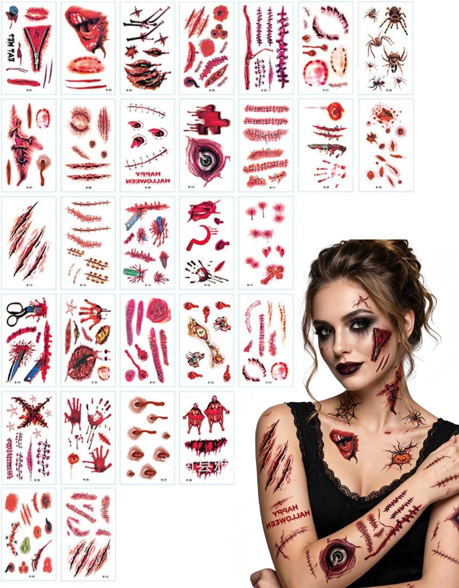 30 Halloween-tattoo-stickers, 5,7 x 9,7 cm, huidvriendelijke folietatoeages, lijmvrij aanbrengen en moeiteloos verwijderen, perfect voor Halloween, festival en speciale FX-cosmetica