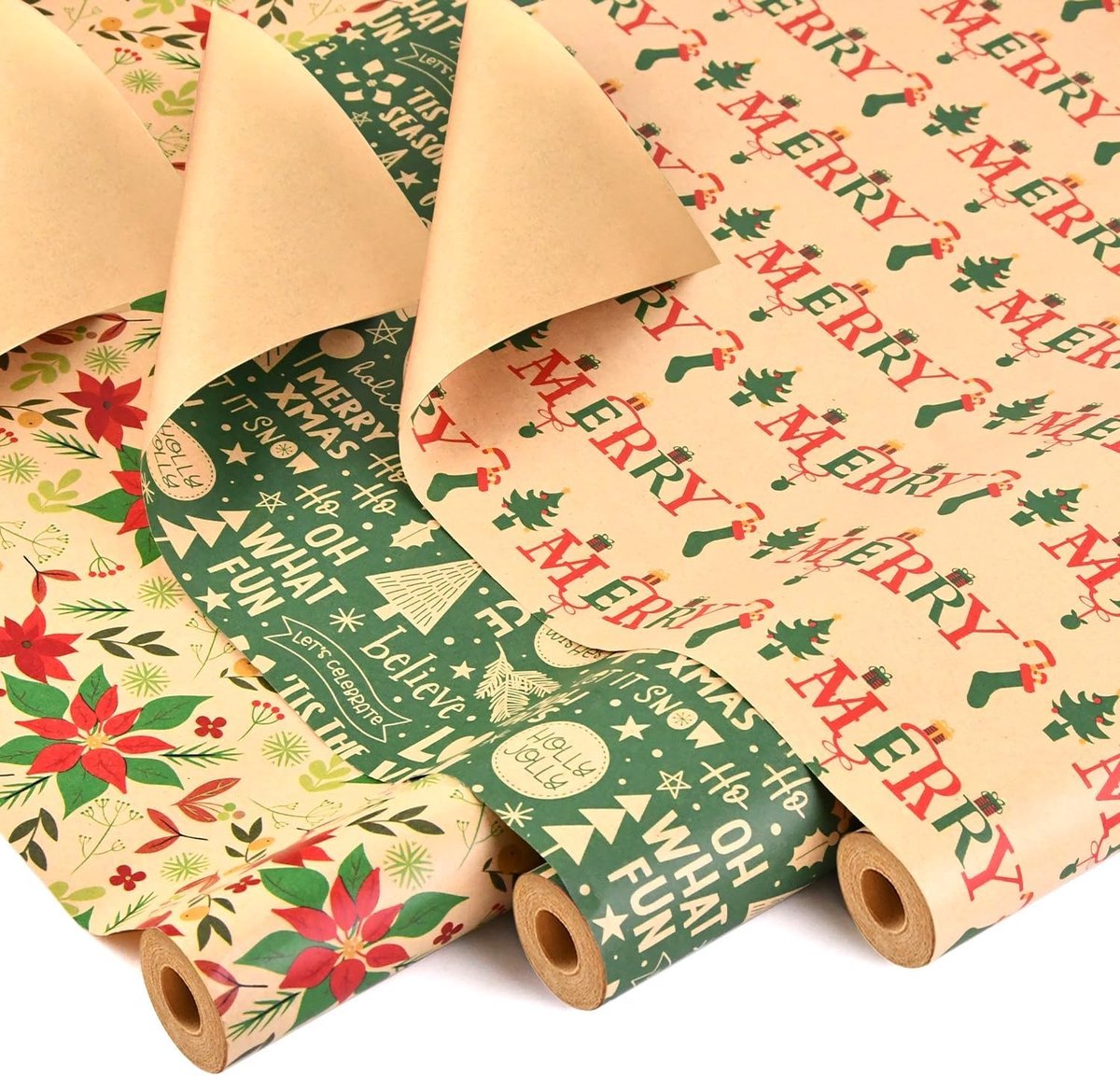3 Rollen Kraftpapier voor Kerst, 43cm x 10m, Recyclebaar Cadeaupapier voor Feestjes, Groene Bladeren en Kerstboom Motief