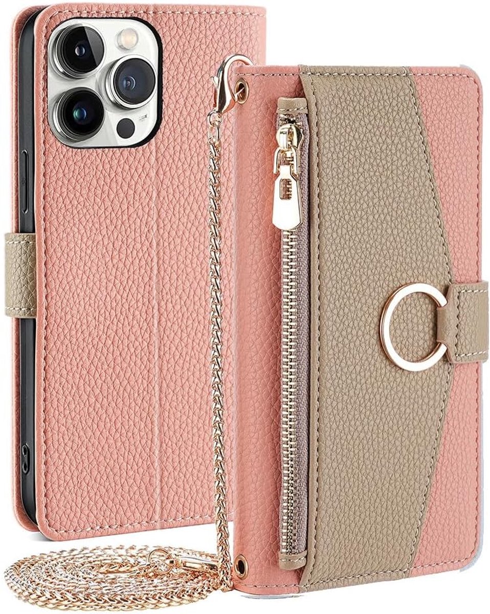 Handtas PU-leer schokabsorberende flip-cover, geschikt voor iPhone 17 Pro Max telefoonmodel, multifunctioneel gebruik: portemonnee, telefoonhouder, enz. - Roze