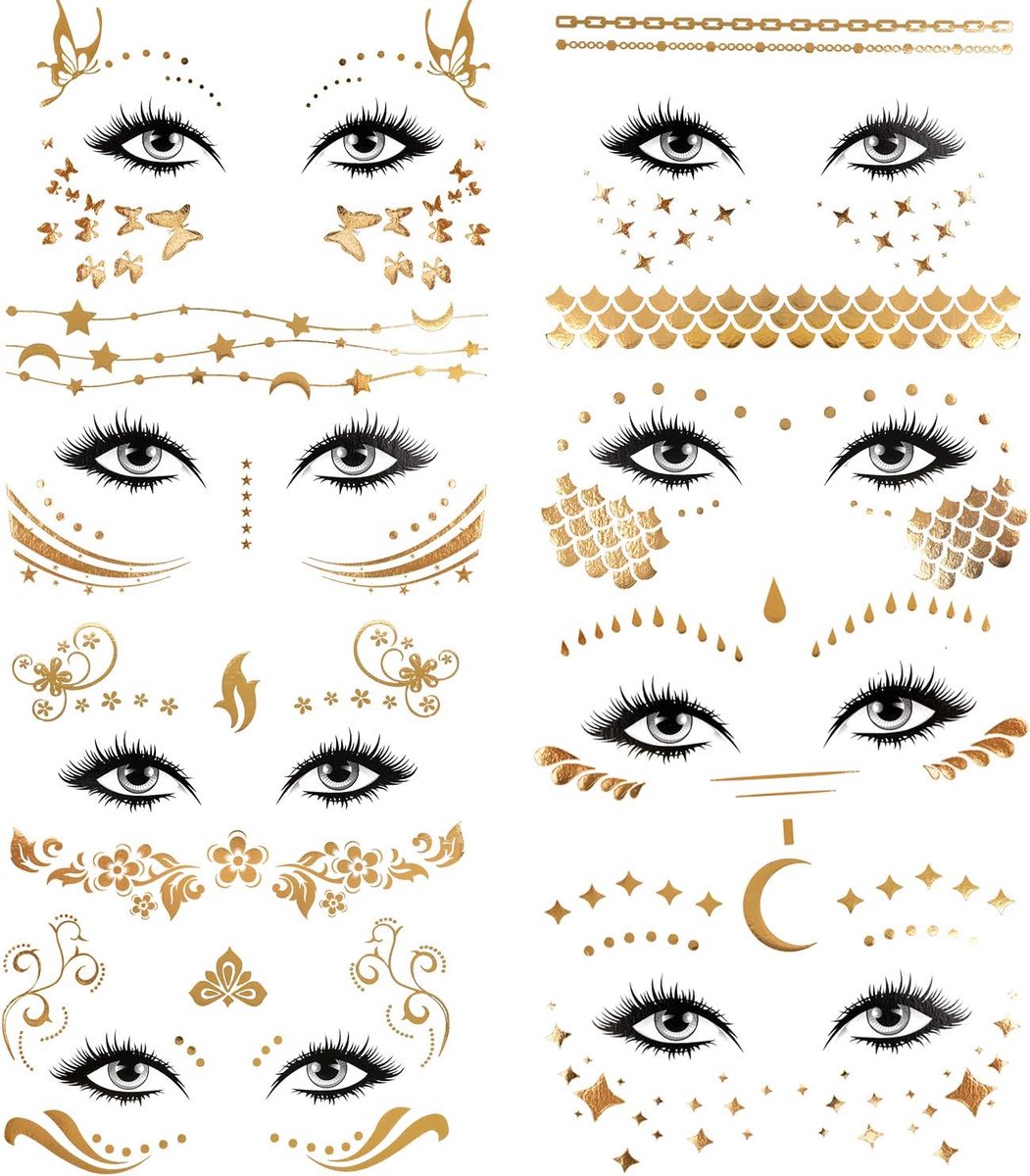 8 stuks tatoeagestickers, metallic, flash, tatoeages, gezichtsstickers, waterdicht, zelfklevende tatoeages voor vrouwen, dames, meisjes, ogen, gezicht, carnaval, party, shows make-up