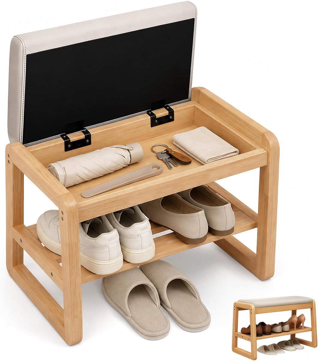 Schoenbank voor entree met opbergruimte, schoenenrekbank van natuurlijk massief hout met kussenzitting, moderne eikenbank met 2 niveaus voor bijkeuken, hal, voordeur (55 cm)