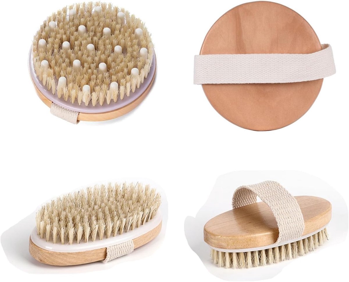 Massageborstel Set van 2 - Droge Borstel voor Lymfedrainage, Natuurlijke Haren, Vermindering van Cellulite en Verbetering van Bloedcirculatie