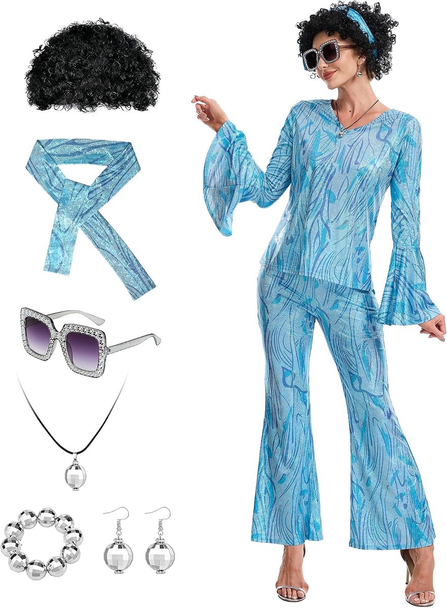 Disco-outfit voor dames, jaren 70, 9-delig, discokostuum met uitlopende broek, jaren 60 en 70 discoaccessoireset voor carnaval, Halloween, themafeest