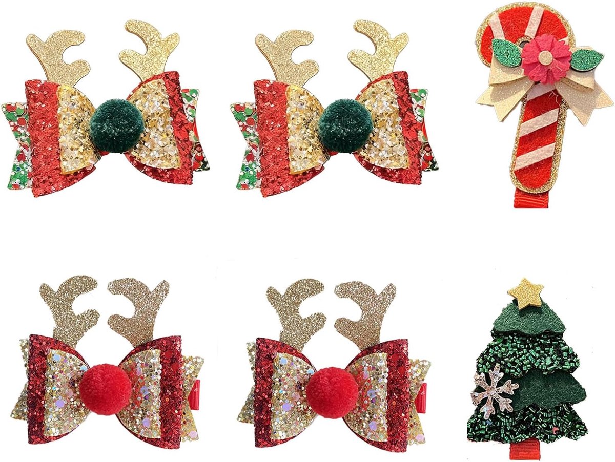 Haaraccessoires Set - 6 Stuks - Schattige Haarspelden met Rendier Hoorns, Kerstboom en Snoep, Voor Kerst en Feestjes - 1.9-2.5 inch
