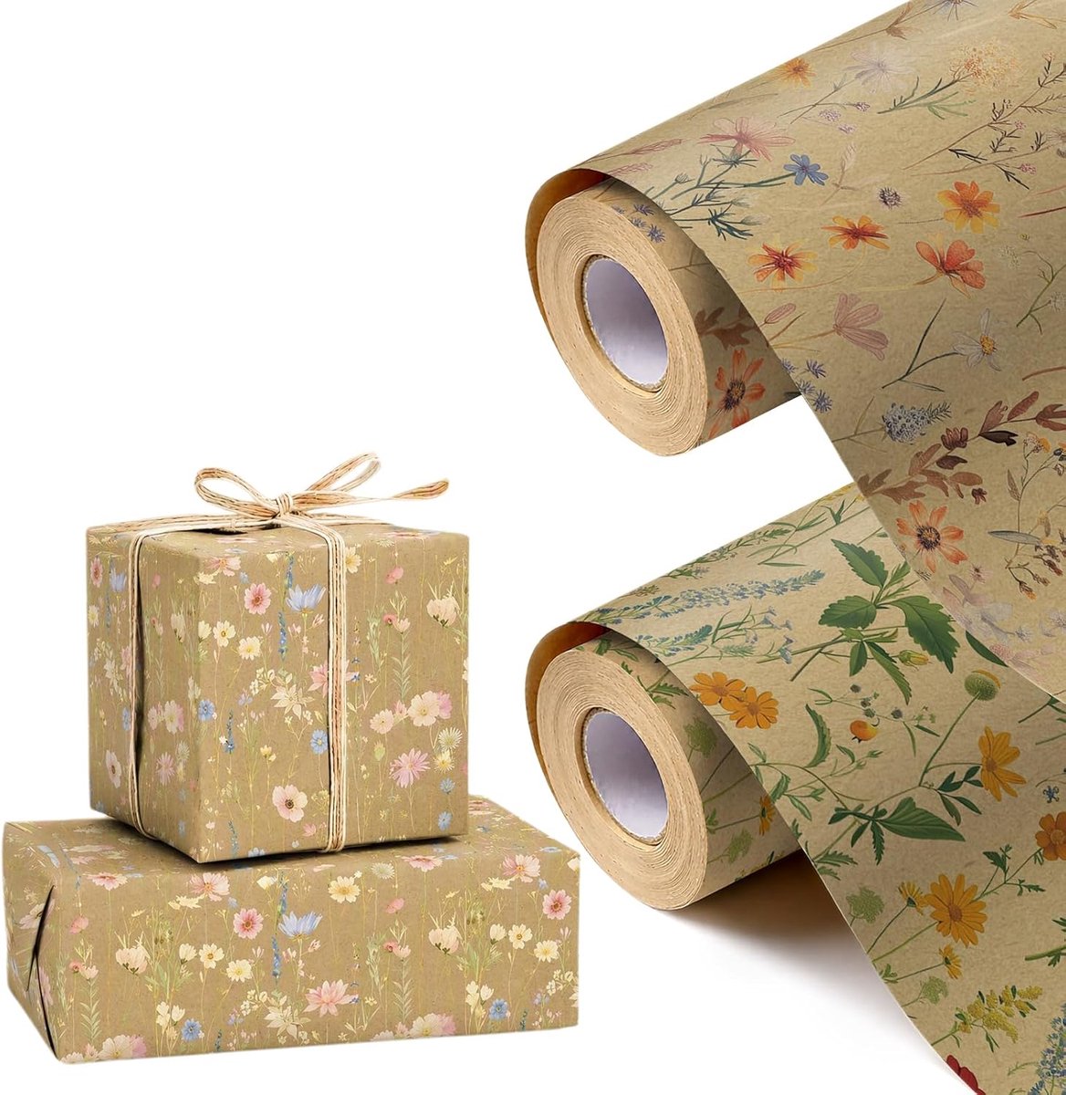 Cadeaupapier, bloemenpatroon, 2 stuks, kraftpapier