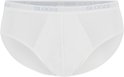 Witte Sloggi midi slip met grijze logoband en gestreepte inzetstukken op de zijkanten.