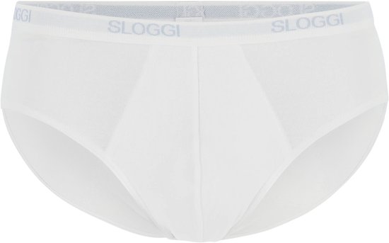 Witte Sloggi midi slip met grijze logoband en gestreepte inzetstukken op de zijkanten.