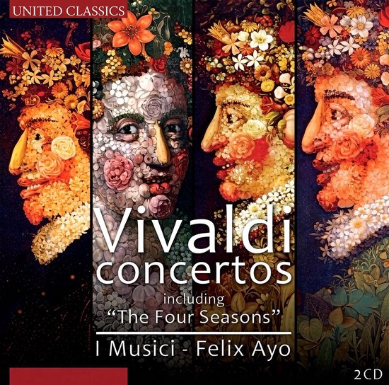 Vivaldi concertos, inclusief "De Vier Jaargetijden" met I Musici en Felix Ayo. Abstracte portretten met bloemen en fruit.