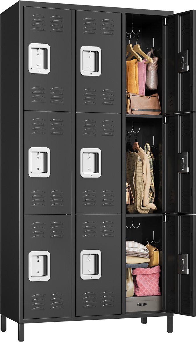 Afsluitbare Metalen Kluisjeskast met 9 Deuren - 183 cm Hoog - Stalen Garderobekast met Ventilatie - Verstelbare Legplanken en 27 Haken - Voor Kantoor School Fitnessstudio en Magazijn