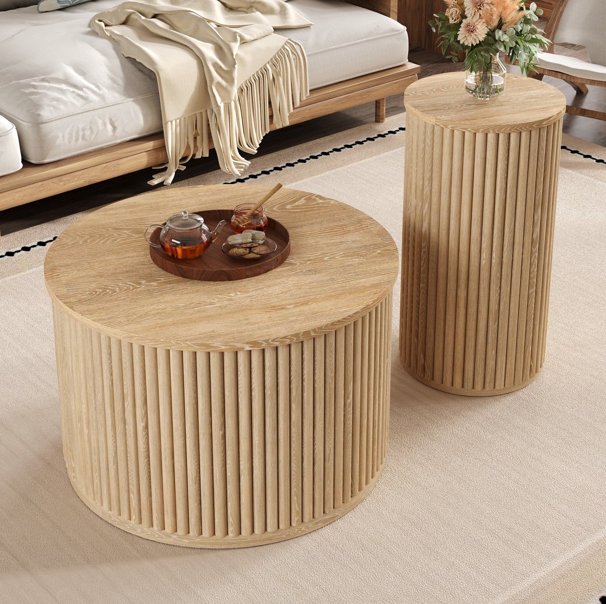 MEUNIQ salontafel set van 2 ronde tafels Ø60 en Ø30 cm met verticale strepen, afzonderlijk of samen te plaatsen, woonkamer, naturel Natuurlijk