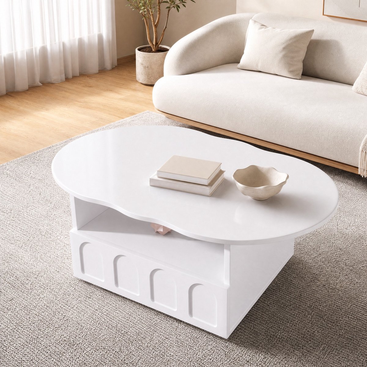 MEUNIQ Wolkenvormige salontafel 100 x 60 x 40,5 cm met lade, open opbergvak en druk-openmechanisme voor de woonkamer, wit