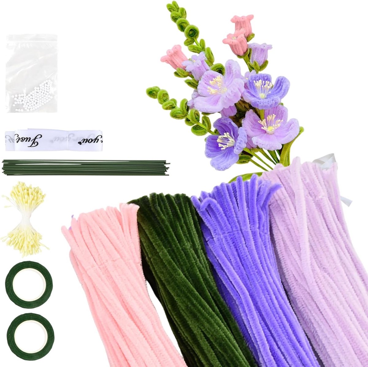 Creatieve Knutselset met 400 Pijpjes voor Bloemen, Tulpen en DIY Bloemboeketten met Chenille Draad, Bloem Tape en Versieringen voor Handgemaakte Decoraties