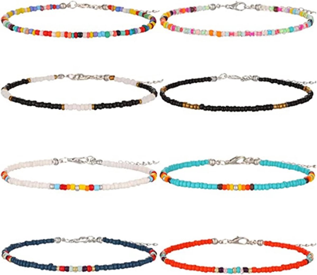 Kleurvolle Boho Enkelkettingen Set van 8, Verstelbare Voetkettingen met Handgemaakte Parels, Modieuze Strandanklets voor Vrouwen en Meisjes, 22 cm
