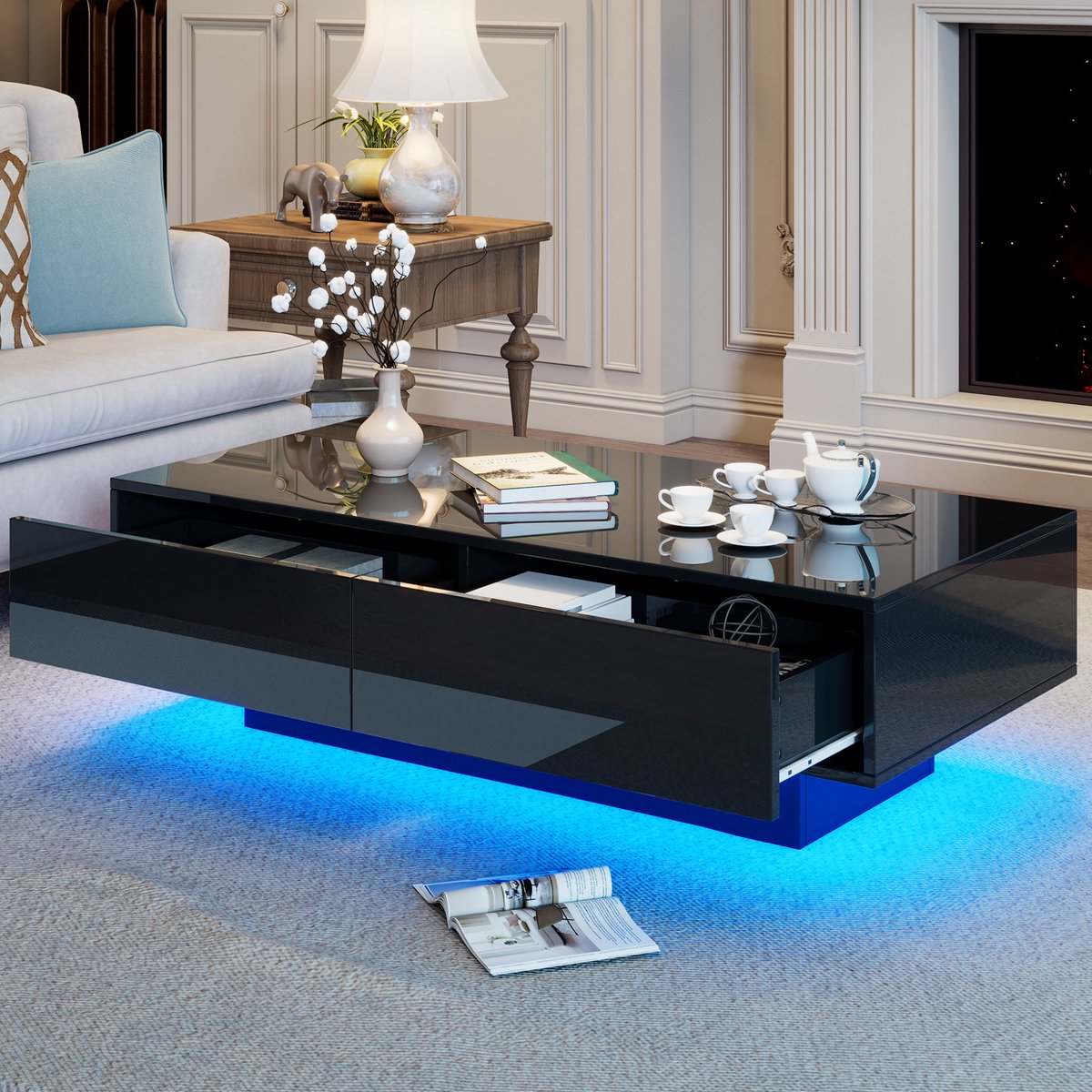 MEUNIQ Salontafel 115 x 55 x 34 cm met 2 laden, geïntegreerde LED-verlichting, hoogglans zwarte afwerking en 30 kg draagvermogen voor de woonkamer
